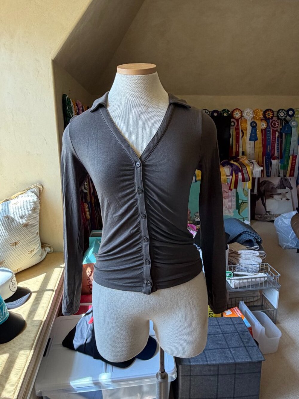 Rag & Bone Brown Ruched Button Front Long Sleeve Top